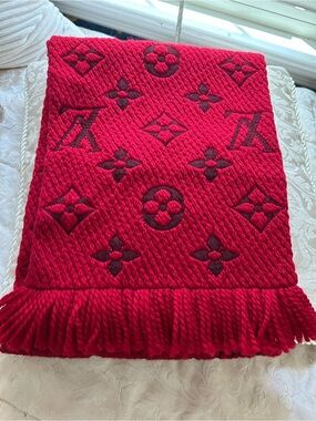 Authentic LV Red Monogram Wool & Silk Scarf or Wrap. Made in Italy w/ COA.
